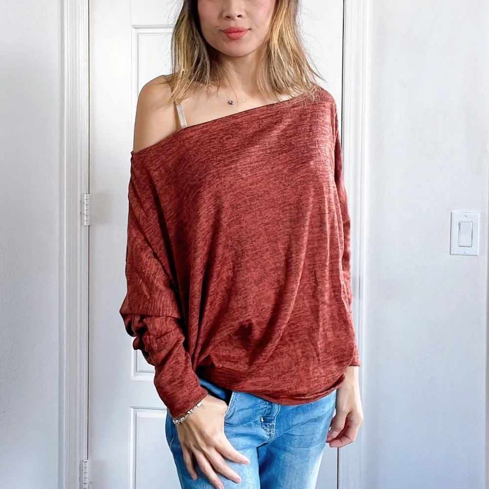 064 Cozy Off Shoulder Dolman Sleeve Oversized Top - Picture 6 of 8